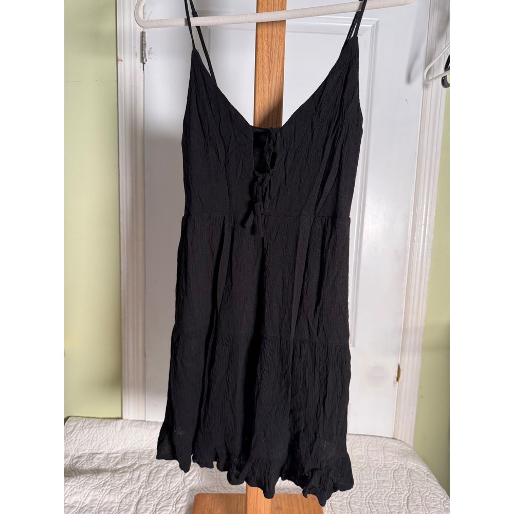 Garage Black Crinkle Tiered Mini Dress Tie Front Smocked Back Small